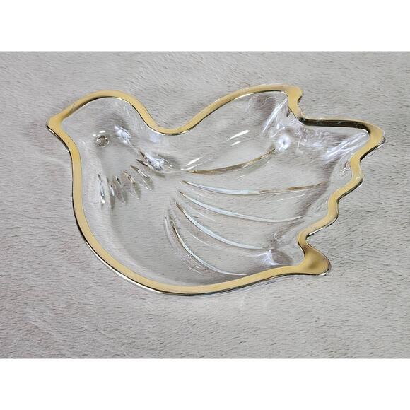 Mikasa Trinket Candy Dish Bird Dove Shaped Clear Glass Gold Trim Accent Vintage - Picture 1 of 9